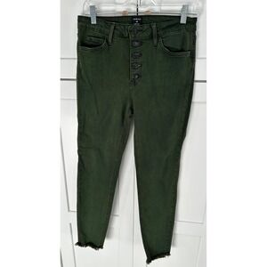 JUSTBLACK Olive Green High Rise Button Fly Cropped Frayed Hem Skinny‎ Jeans